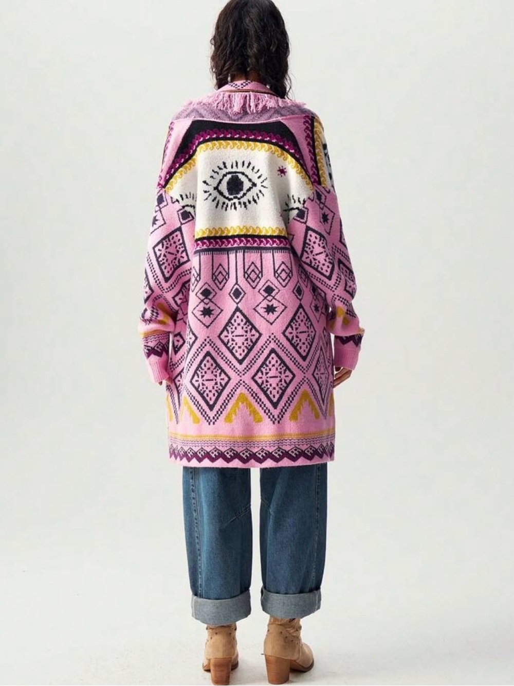 Pink Patterned Oversized Eye-Back Cardigan Sweater
